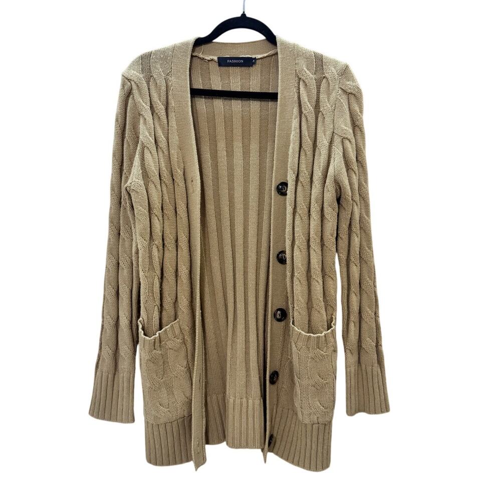 Tan Cable Knit Button Front Cardigan Sweater Longline Pockets‎ Women's Small